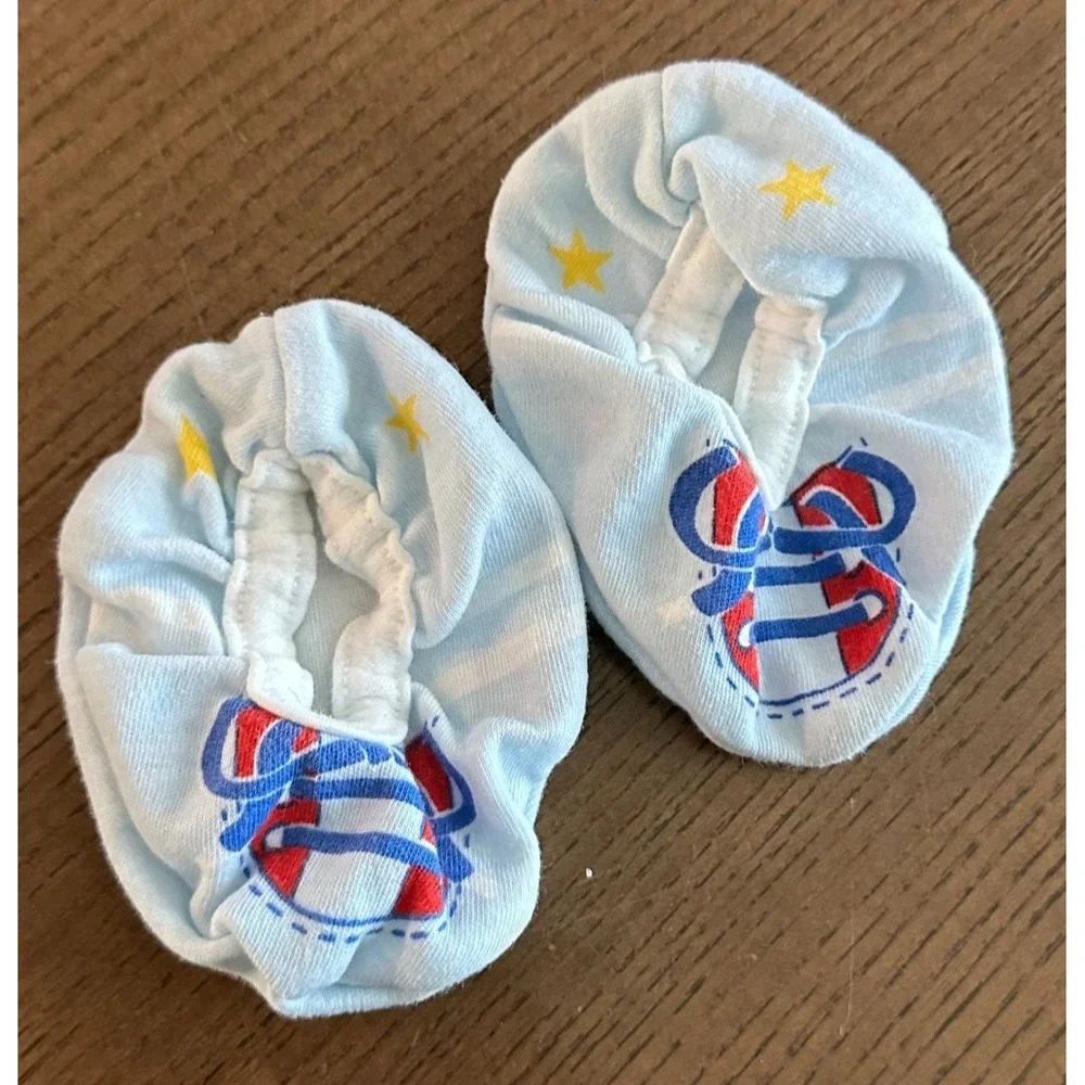 Vintage 90s Baby Booties Socks & Hat‎ Blue Cars Stars Coloful